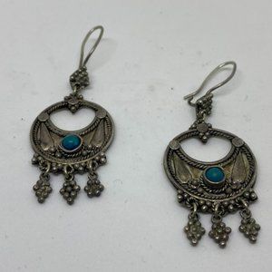 Silver 925 Vintage Style Women's Round Shape with Blue Stone  Earrings